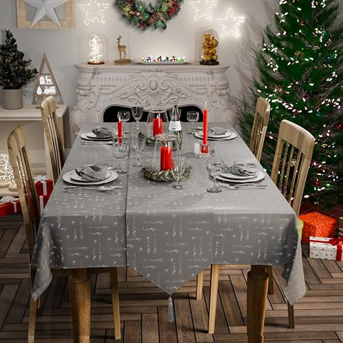 Emma Barclay Merry Xmas 10 Piece Christmas Table Set in Silver (60x84 Table Cloth, 13x90 Table Runner and 8 Napkins)