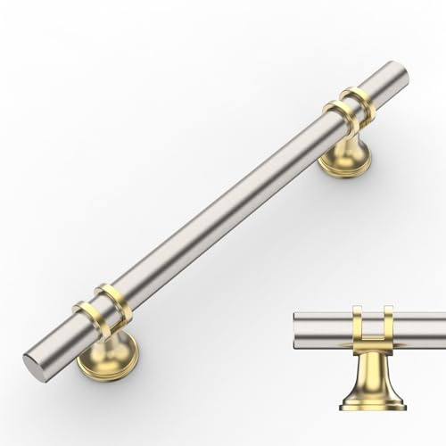 Amerdeco 10 Pack Brushed Satin Nickel and Gold Cabinet Pulls 5 Inch(128MM) Hole Centers Kitchen Cabinet Handles Cabinets Hardware Drawer Pulls AM002