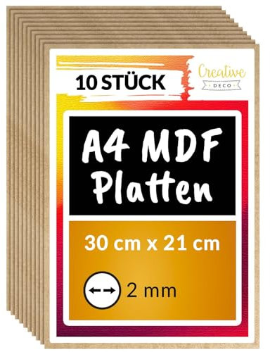 Creative Deco 10 x A4 MDF Pannelli in Legno Fogli | 300 x 210 x 2 mm | Legno Fai da Te Perfetto per Taglio Laser, CNC Router, Modellare, Traforato