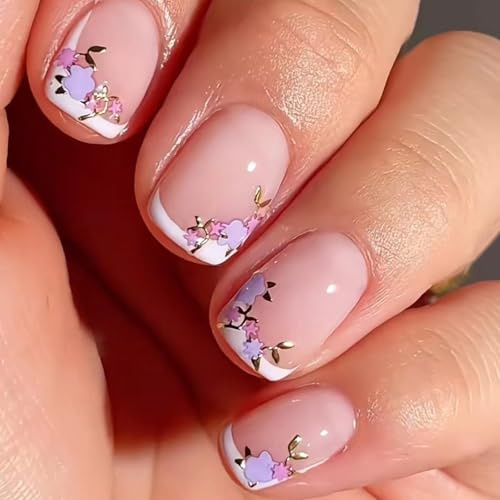 Ceboic 24 Stück Eckig Künstliche Nägel Kurz, Nude Glänzend Kunstnägel zum Aufkleben mit Klebepads, Weiß Rand Niedlich Falsche Nägel Blumen Press on Nails für Frauen Mädchen Nail Art