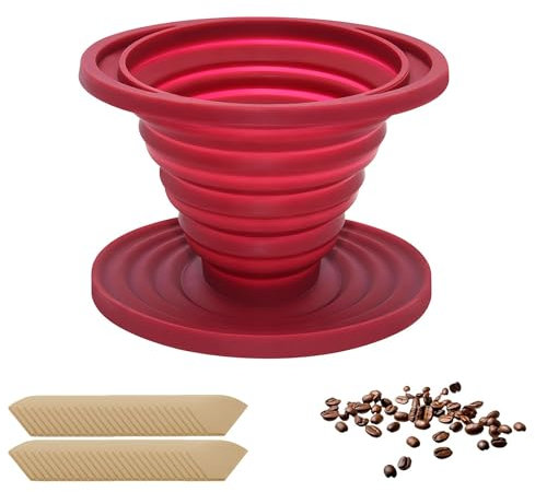 Compte-Gouttes à Café Pliable, Porte Filtre à Café Réutilisable en Silicone, Support Filtre à Café avec 50 Filtres en Papier Coniques pour Maison, Bureau, Voyage(Rouge)