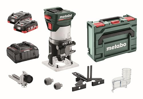 metabo FMV 18 LTX BL 8 Akku-Kantenfräse, Brushless, 18V, 2x4Ah LiHD Akku | Inklusive Ladegerät ASC 55, metaBOX 145 L, Spannzangen 6 und 8 mm, für Holz, variable Drehzahl, 1x Parallelanschlag