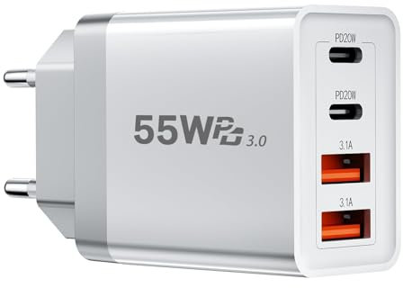 NEUTYPECHIC 55 W Caricatore USB C Rapido, 4 Porte Presa Spina Alimentatore USB C Caricabatterie, Presa Multipla PD 20 W+QC 3.1 A, per iPhone 16 15 14 13 12,per Samsung Galaxy e Altri Smartphone