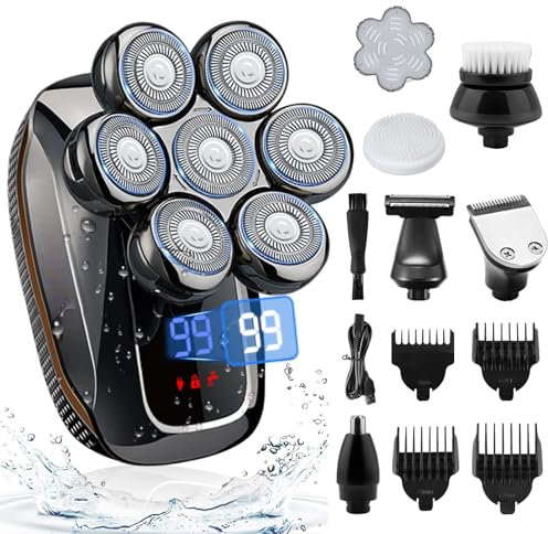Rasoio Testa Calva, Rasoio Elettrico Barba 6 in 1 Regolabarba Uomo, Rasoio Elettrico Corpo Uomo con 7 Testine Rotanti, Rasoio Testa IPX7 Impermeabile, per Capelli Barba Naso Orecchie e Viso Pulito