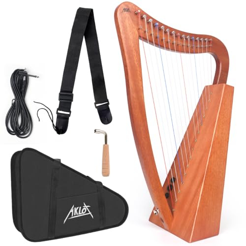 Harp, AKLOT 15 Strings Mahogany Lyer Harp 22 inch Height with Electric Box, Tuning Wrench, Black Bag and Strap,Lyer Kit Gift for Adult Professional Beginner