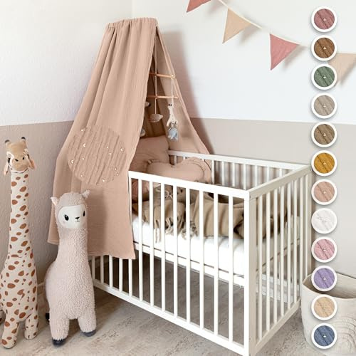 lilimaus Betthimmel Babybett mit Gold Applikation in 12 Farben [inkl. Himmelstange] - Himmel Babybett aus 100% Baumwolle Musselin für Mädchen & Jungen - Himmelbett mit Stange - Kinder Babyzimmer Deko