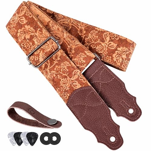 YIKOKO Gitarrengurt Kopfschicht Rindsleder Ende 2 Zoll für Akustik- und Bass-E-Gitarren, Adjustable from 38″ to 64″