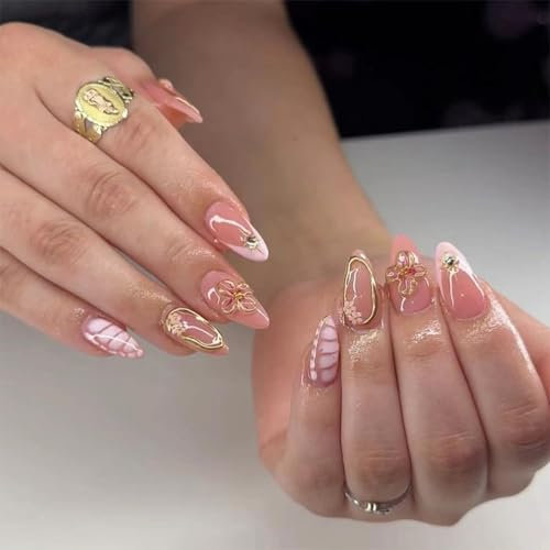 GlamRays Lot de 24 faux ongles à presser en acrylique avec fleurs de printemps - Pour bijoux et nail art