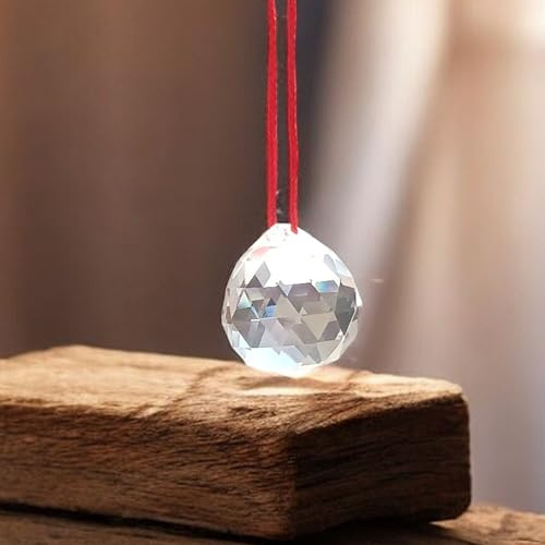 Feng Shui Crystal Hanging Ball Sun Catcher with Red Thread Big Size Crystal Faceted Prish Rainbow Window Hanging Ball for Vastu Good Luck and Prosperity Home Décor 30mm
