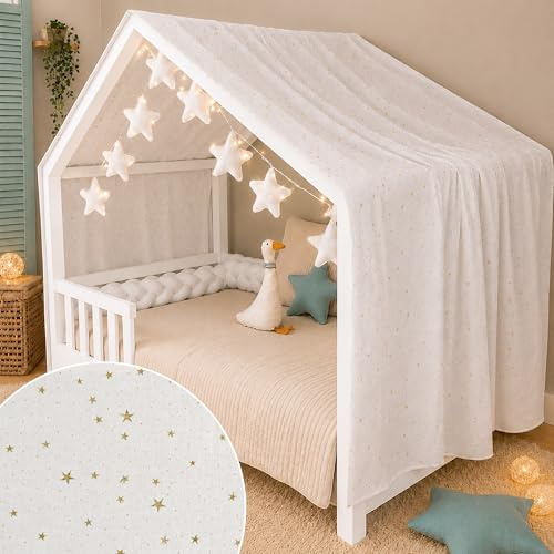 YellowNest Dosel Cama Infantil - Dosel Cama Montessori 70x140cm y 80x160cm - Muselina 100% algodón - con Guirnalda (Blanco, 130 x 320 cm)