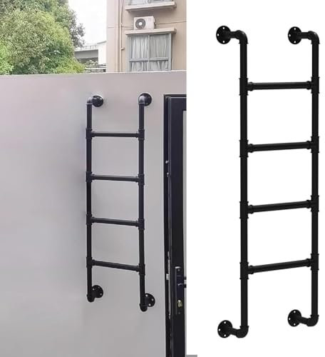 Anti-Rutsch-Stufen-Leiter, an der Wand befestigte schwarze Metall Eisen Feuer Fluchtleiter, Lasten 330lbs Heavy Duty Loft Truck Boot Sicherheit Kletterleiter für Outdoor Dach/Garage,Black-1M