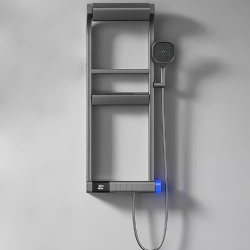 Thermostatic Shower Panel Tower System with LED Digital Display - Space Aluminum Shower Column with Rainfall Shower Head, 12 Wide Angle Adjustable Mas-sage Jets, Hand Shower, Tub Spout, Grey