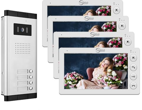 Verdrahtete Video-Sprechanlage für Wohnungen, 2/3/4/5/6/8/10/12 Einheiten 7-Zoll-Monitor-Video-Türsprechanlage, Video-Türklingel für den ID-Karte zum Entsperren (1 Türklingel + 4 Monitor)