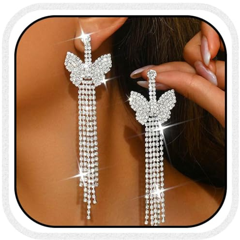 Atigy Silver Rhinestone Dangle Earrings Long Tassel Earrings Butterfly Bridal Earrings Jewelry for Women (Silver)