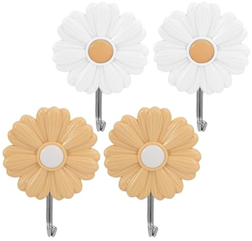 ABOOFAN Adhesive Flower Wall Hooks Daisy Clothes Hook Set of 4 Punch-Free Small Wall Hooks for Hanging Hats Keys Towels and Bags in Bathroom Kitchen Kids Room