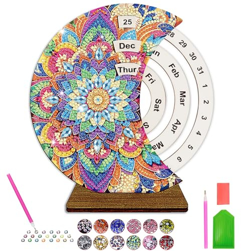 OdiuK Kit de calendrier de peinture diamant à faire soi-même pour garçons et filles de 6, 7, 8, 9, 10, 11, 12 ans – Ensemble cadeau mandala avec calendrier en bois et diamants étincelants – Jouet