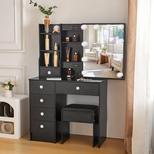 Buildonely Schminktisch mit Beleuchtung, Frisiertisch mit Hocker für Make up, Kosmetiktisch mit Spiegel und Lichts, Einstellbarer Helligkeit, 6 Schubladen, Schwarz, SD3010