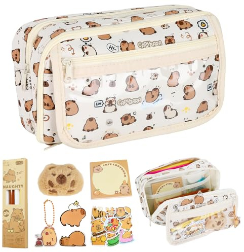 FYSL Estuche Kawaii Capibara, 9 Compartimentos con Peluche Capybara Bolígrafos Stickers y Llavero, Estuche Grande Resistente para Niños Niñas