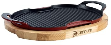 Aeternum, Ghisa Viva, Grill in Ghisa Ovale con Base in Legno, Diametro 36x26 cm, Adatto all'Induzione, Adatto al forno, Nero/Rosso, Antiaderente