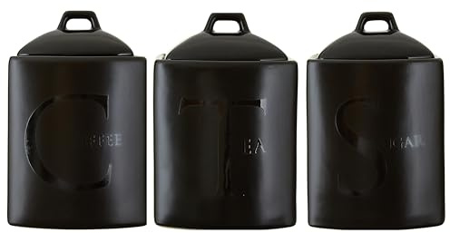 Kitchen Storage Canisters Set of 3, Black Ceramoc Tea Coffee Sugar Containers, Removable Lid with Handle
