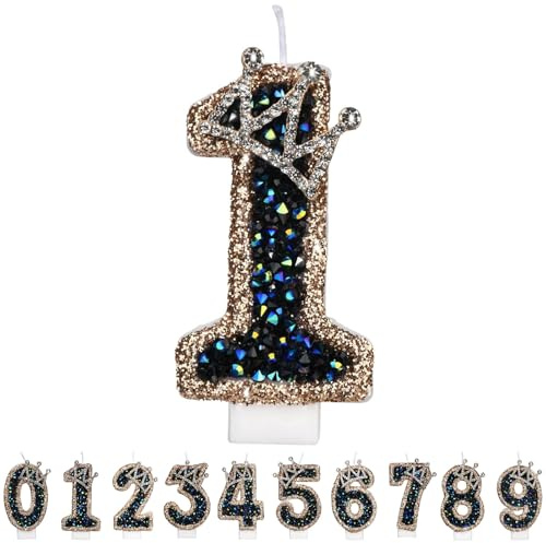 Gleemix Geburtstagskerzen Krone Zahlen 1, Schwarz Zahlenkerze Glitzernde, Cake Topper 1. Geburtstag für Geburtstag Party, Hochzeiten, Firmenfeiern, Jubiläen, Birthday Candle Nummer