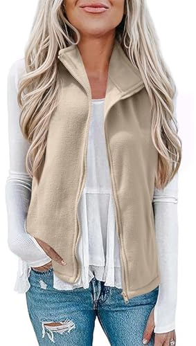 EFFAN Fleece-väst för kvinnor mjuk ärmlös jacka ytterkläder väst väst väst med blixtlåsfickor för vår och höst, Khaki, XL