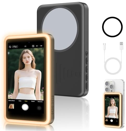 Lepealu Selfie Monitor Screen with Fill Light three-color temperature 3000–6500K Magnetic Selfie Monitor Screen Phone Vlog Wireless Recording Back Camera Compatible with iPhone & Android