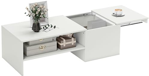 HOMCOM Mesa de Centro con Tablero Deslizante Moderna 110x52x36 cm Blanco