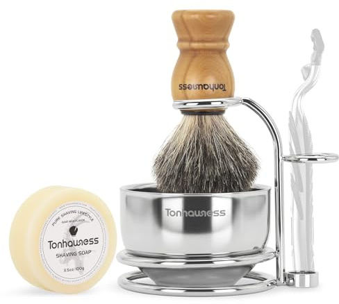 Badger Hair Shaving Brush With Wood Handle, Goat Milk Shaving Soap, Dual-ring Base Stainless Steel Shaving Stand Holder and 3 Layers Shaving Bowl for Men's Wet Shaving (Wood With Badger Hair)