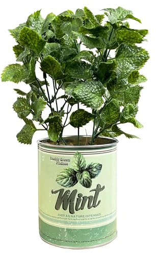 Alfie Francis 28.5cm Tall Artificial Mint Plant in Vintage Style Metal Tin Pot Houseplant Indoor Kitchen Decoration Ornament Gift