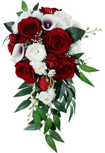 Ngbbby Bouquet da sposa per la sposa Vino bianco Rosso Calla Lily Rose Cascata artificiale rustica artificiale