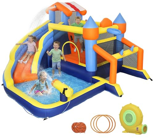 AIYAPLAY 8 in 1 Bouncy Castle for Kids, 11.5 x 10.7FT Inflatable Bounce House with Long Slide, Splash Pool, Football Goal, Climbing Wall, Basketball Hoop, Ring Toss, 550W Blower for Indoor Outdoor Fun