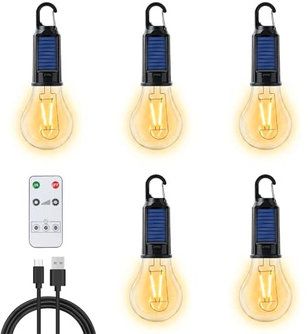 5 Stück LED Campinglampe Aufladbar - Tragbare Campinglampe mit Karabiner, Solar Camping Lampe, 3 Helligkeitsmodi Zeltlampe, Aufladbare Glühbirne mit Fernbedienung für Camping, Stromausfall, Notfall