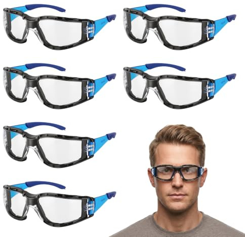 Cozary Occhiali Protettivi da Lavoro 6PCS, Occhiali Lavoro Antinfortunistici Protezione UV, con Imbottitura in Schiuma & Aste in Gomma, per Laboratorio, Cantiere, Bricolage e Tiro Sportivo