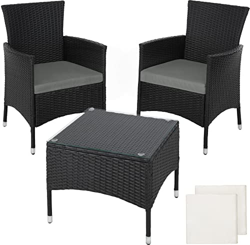 tectake® Conjunto Jardín Exterior de Ratán y Acero para 2 Personas, Muebles Jardín Exterior Resistentes a Intemperie, 2 Sillones y 1 Mesa Cristal, Fácil Montaje y Limpieza, Incl. 4 Fundas - Negro