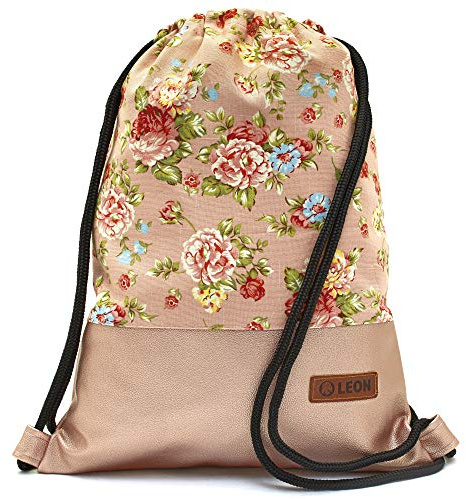By Bers Leon großer Premium Turnbeutel mit Innentaschen Rucksack Tasche Damen Herren Teenager Gym Bag Draw String 45x34cm für Sport Reise Alltag Einkauf (rosarose_RosaPu)