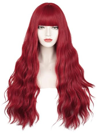 TANTAKO Lange Lockige Rot Perücke mit Pony für DamenSynthetische Halloween Cosplay Party Kostüm Rote Perücke