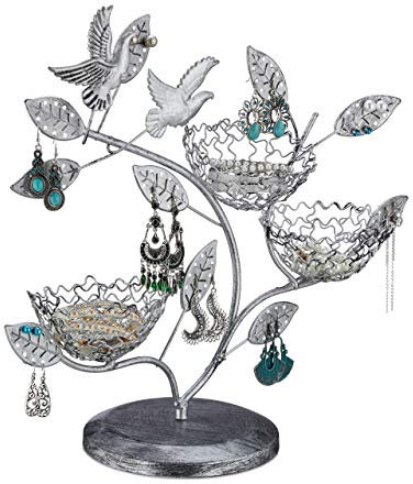 Relaxdays Schmuckbaum, 88 Löcher für Ohrringe, 3 Schalen für Ringe, Eisen, Vintage Schmuckständer HBT 34x39x15cm, silber