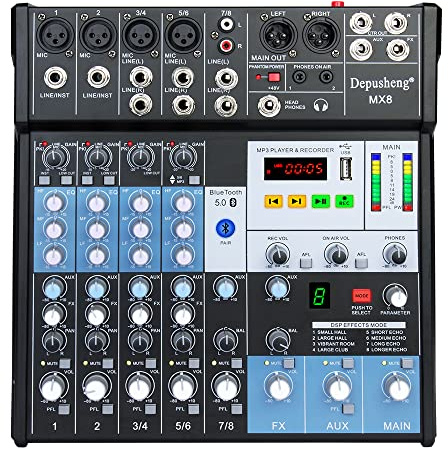 Professional Audio Mixer Sound Board Console 8-Channel DJ Controller Sound Mixer w/ 8-DSP EFFECT, USB Recording Interface, Bluetooth, 48V Phantom Power, Ideal For Live Streaming Depusheng MX8