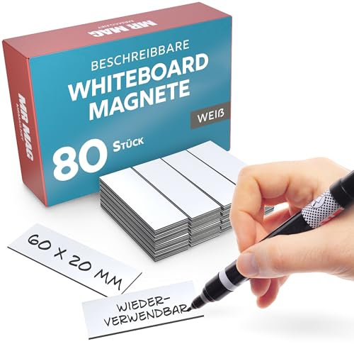 MrMag® 80 Magnetstreifen zum beschriften - weiß - Whiteboard Magnete 60x20mm - Magnet-Etiketten beschreibbar - beschreibbare Magnetschilder