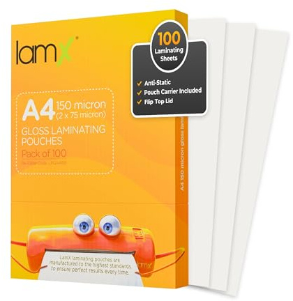 LamX A4 Laminating Pouches 150micron, High Gloss Finish Sheets, Anti-Static Formula Laminating Pouches A4, 150 Micron (75+75 Micron) - Pack of 100 Laminating Sheets, Free Pouch Carrier Included