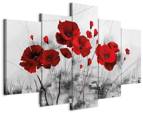 B&D XXL - Leinwandbild Mohnblumen rot grau, 150x75 cm, 5-teilig, Wohnzimmer | Hochwertige Leinwand, sofort aufhängbar, ideal fürs Wohn- oder Schlafzimmer, wasserfest und lichtecht, langlebig, stilvoll