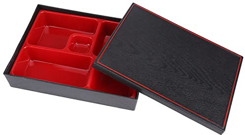 Fiambrera lacada de plástico japonés tradicional rojo y negro, 5 compartimentos, bandeja y tapa, para picnic, hogar, restaurante