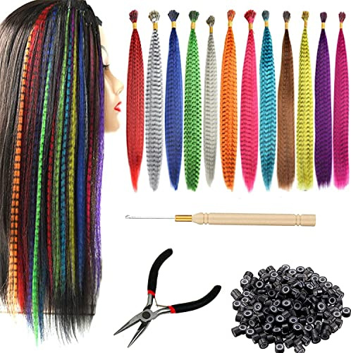 TSKDKIT 60pcs Coloured Hair Extensions Hair Feathers Clip in Synthetic Hair Extension Kit with 200 Micro Ring Beads, Pliers and Hook, Hair Extension Tinsels for Women Girls Cosplay Halloween Party