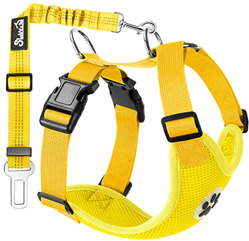 SlowTon Hundegeschirr mit Sicherheitsgurt für Auto, Doppellagiges atmungsaktives Latex-Netzgewebe Welpengeschirr, reguläres Sicherheitsgeschirr Hund für alle alltäglichen Sportarten(Gelb, S)