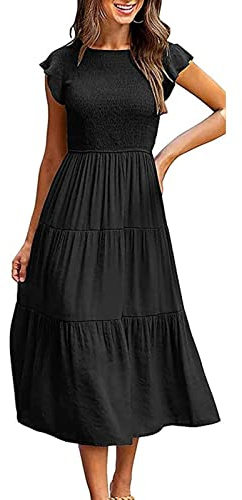 Yuson Girl Vestido Mujer Vestido Largo Verano Mujer Manga Volante Cuello Redondo Elegante hasta la Rodilla Vestidos de Playa Elástico Vestidos Largos Casual Sólida Vestido Verano(Negro, M)