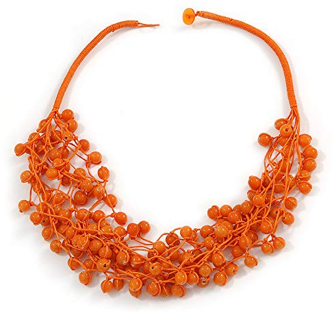 Avalaya Multistrand Small Ceramic Bead Cotton Cord Necklace in Orange Colours - 58cm Long