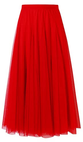 shownicer Tüllrock A Linie Elastischer Hoher Bund Mesh Saum Prinzessin Langer Rock Einfarbig Röcke Maxiröcke Elegant Swing Unterrock Freizeitrock Hohe Taille Skirt