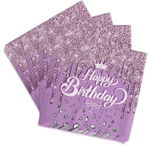 Servietten Happy Birthday, 40 Stück Lila Diamant Geburtstag Serviette, Papierservietten Paper Napkins, Tischdeko Geburtstagsservietten, für Mädchen Junge Geburtstag Party Dekoration, 33 * 33cm (Lila)