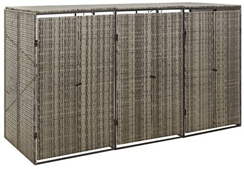 Festnight Rattan Mülltonnenbox 3er Mülltonnenverkleidung 3 Tonnen 240L Mülltonnenabdeckung 3 Mülltonnen Müllcontainer Mülltonnenschrank Müllbox Draußen 207x80x117 cm Grau